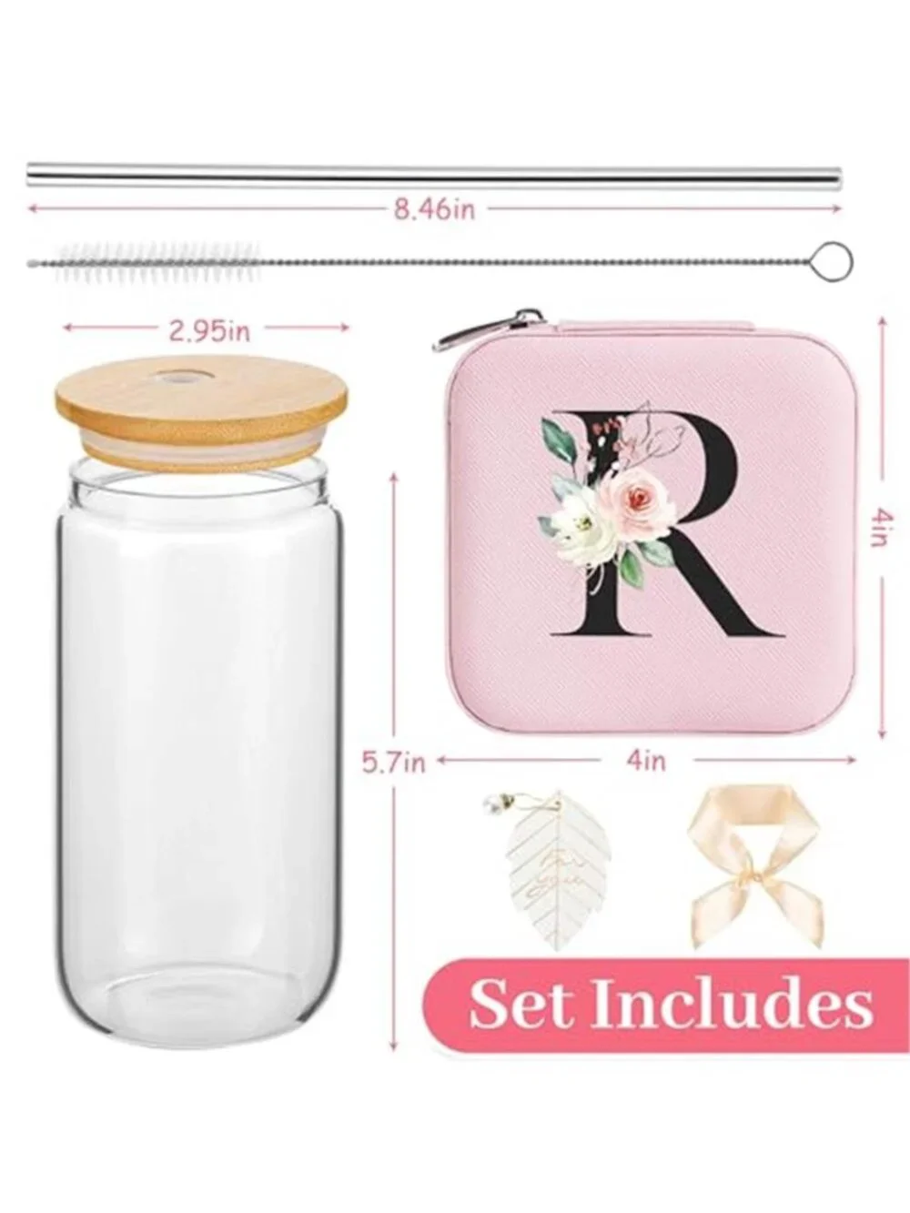 Personalized Initial Jewelry Box Travel Organizer Glass Tumbler Gift Set Pink
